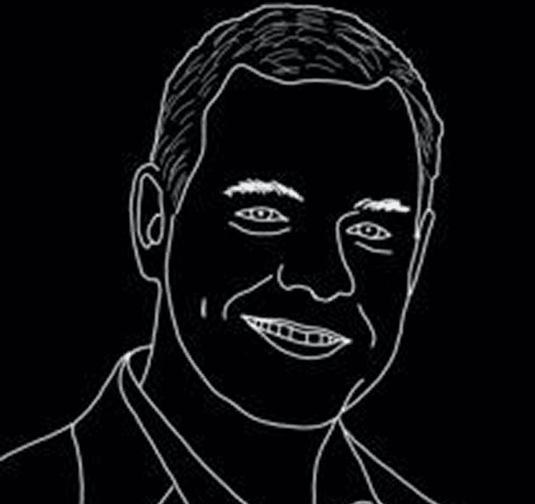 Outlined portrait of a smiling person.