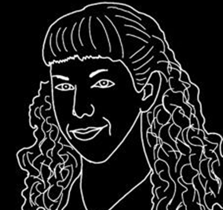 Line drawing of a person with curly hair.