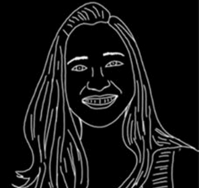 Line drawing portrait of a smiling woman.