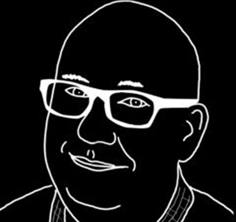 Outlined face with glasses on black background.