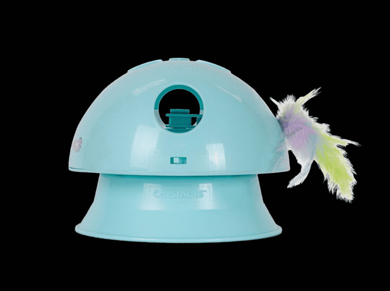 Blue cat toy with colorful feather attachment.