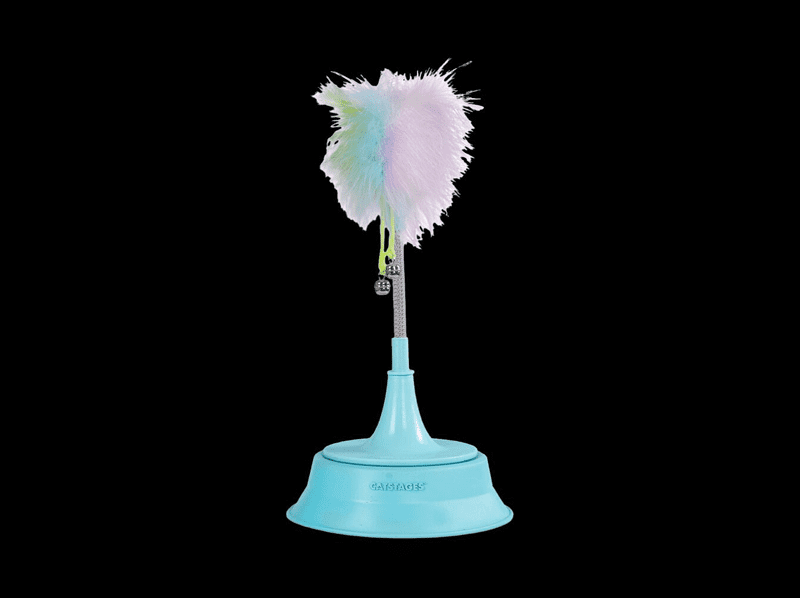 Colorful feather duster with blue handle.