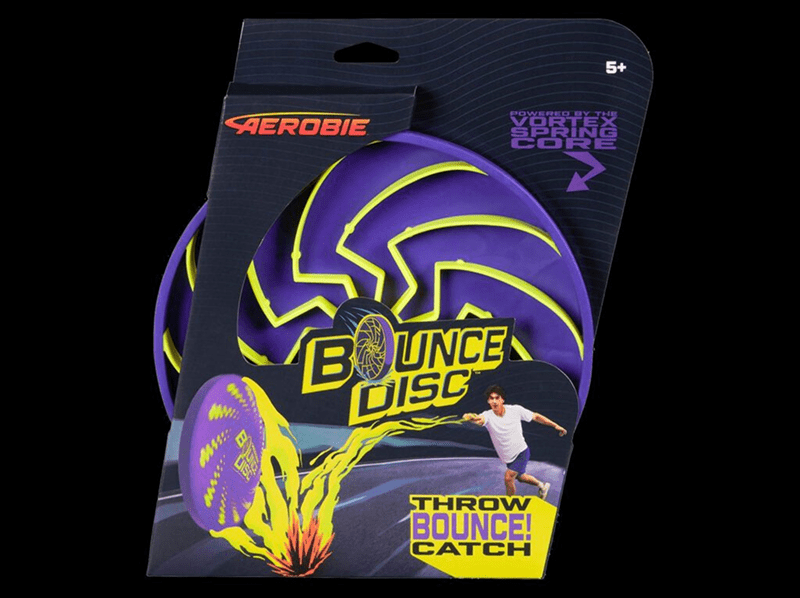 Purple and yellow Aerobie Bounce Disc packaging.