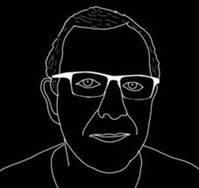 Outline drawing of a person wearing glasses.
