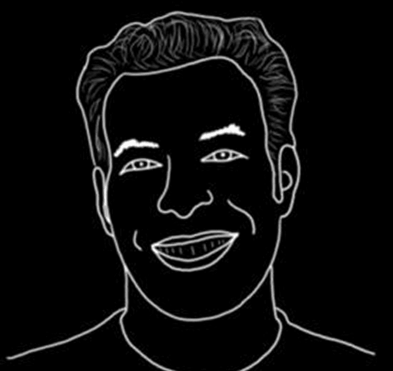 Outline drawing of a smiling man's face.
